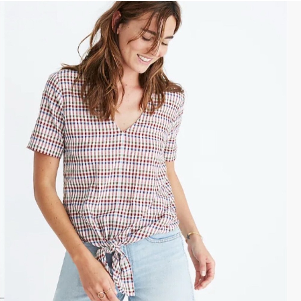 Madewell Tie-Front Top in Gingham Plaid size Large!